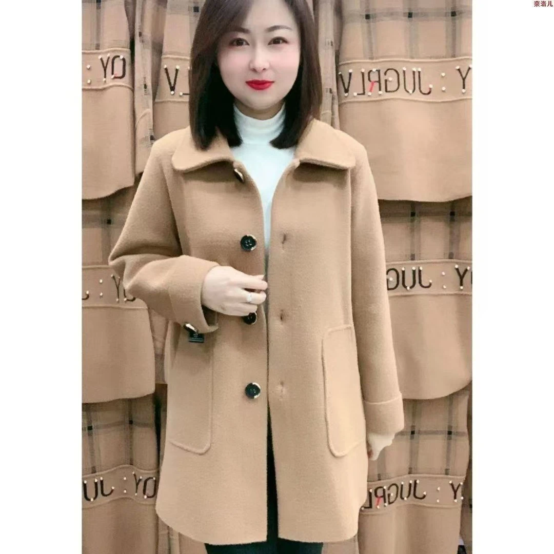 P春秋新款仿双面呢中长款外套中老年宽松大码妈妈装高档百搭毛呢