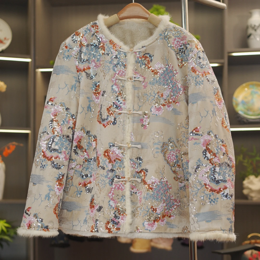 【兰亭序】双面穿水貂绒新中式老料刺绣钉珠国风双面加厚保暖外套