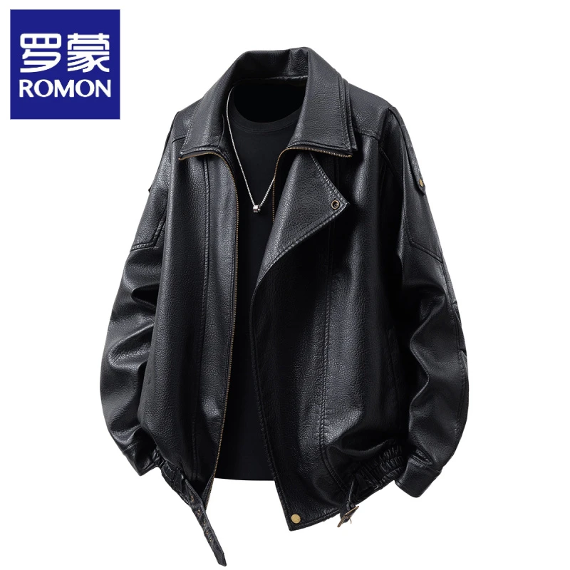 罗蒙美式复古黑色皮衣外套男士秋季高级感宽松拉链大码机车服pu皮