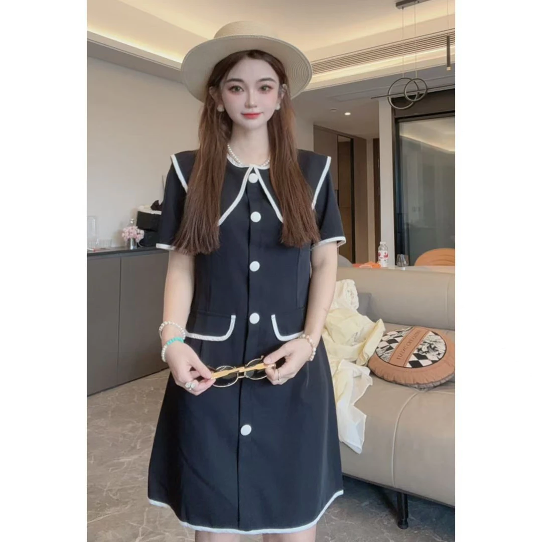 小香风翻领黑色连衣裙女夏季新款高级感气质收腰显瘦小个子时尚