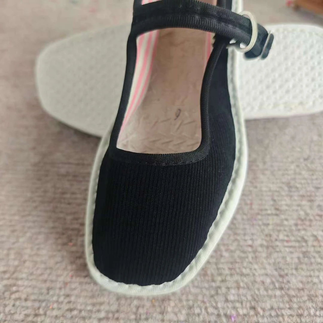 手工布鞋女一字扣浅口布鞋红色黑色条绒鞋面手工白线绳纳底毛布底