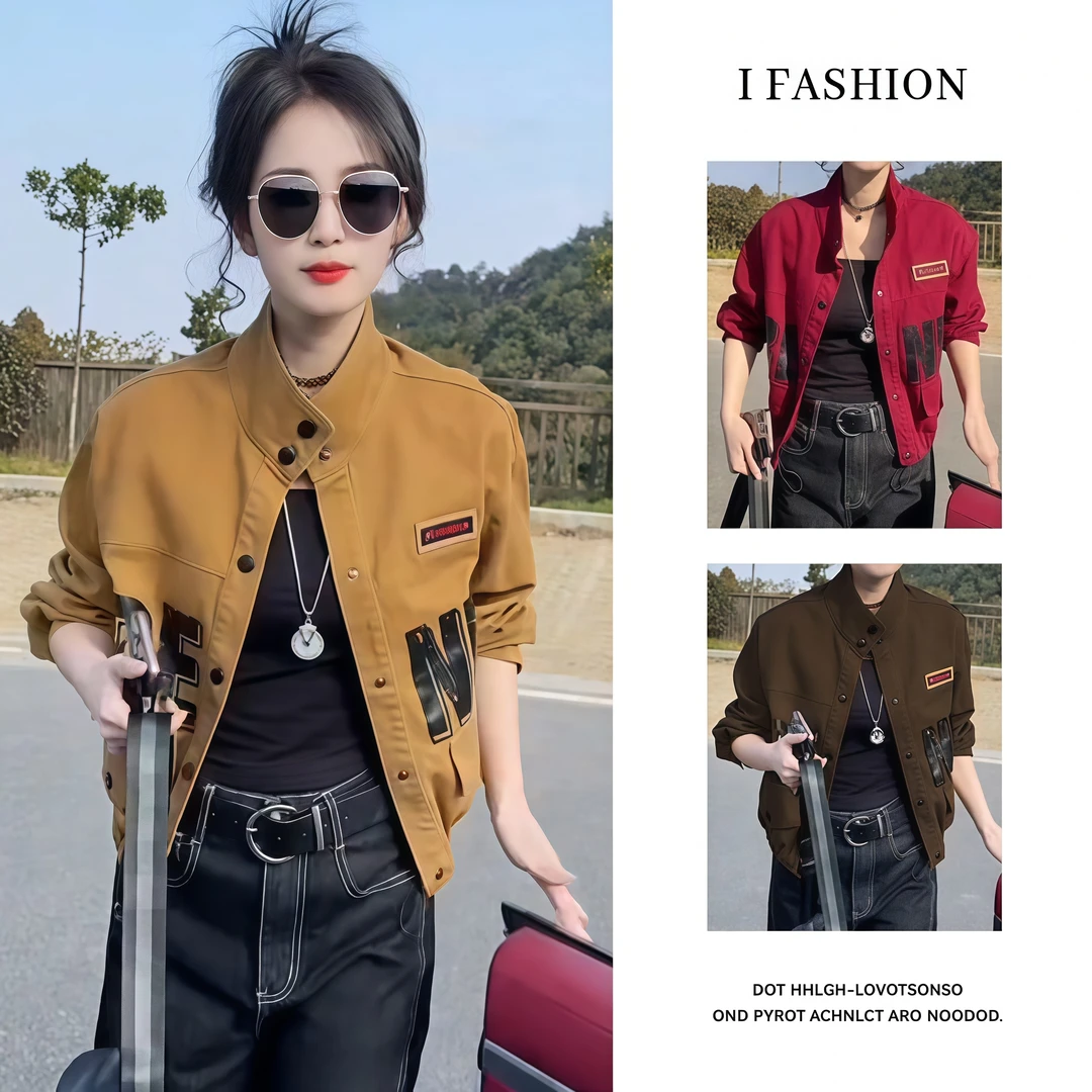 纯棉韩版立领字母牛仔外套女2025年春秋新款时尚休闲短款夹克上衣