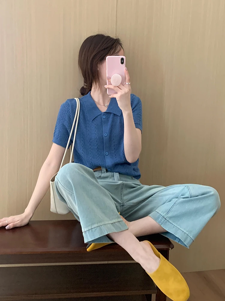 2025超火减龄上衣独特设计感漂亮蓝色翻领针织短袖t恤女新款夏季