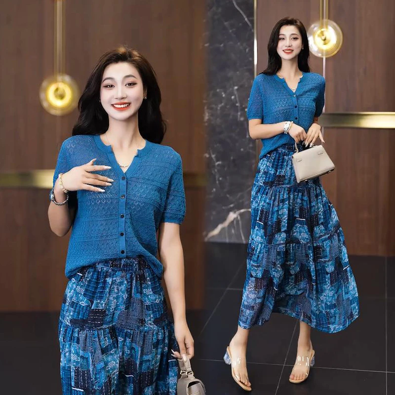 夏季短袖针织衫半身裙两件套女2025新款气质裙子冰感套装连衣裙