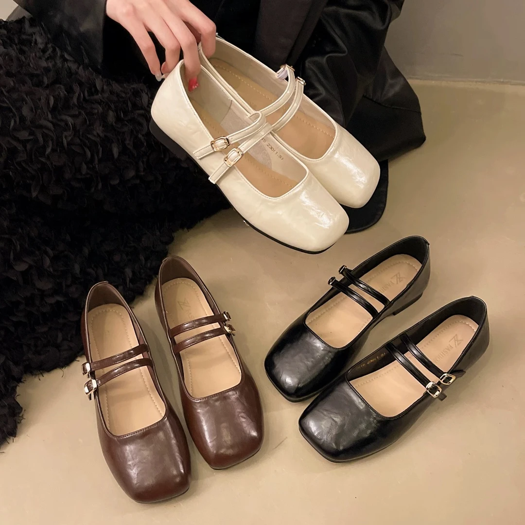方头单鞋女【1188】春季新款法式晚晚风平底浅口配裙子玛丽珍小皮鞋