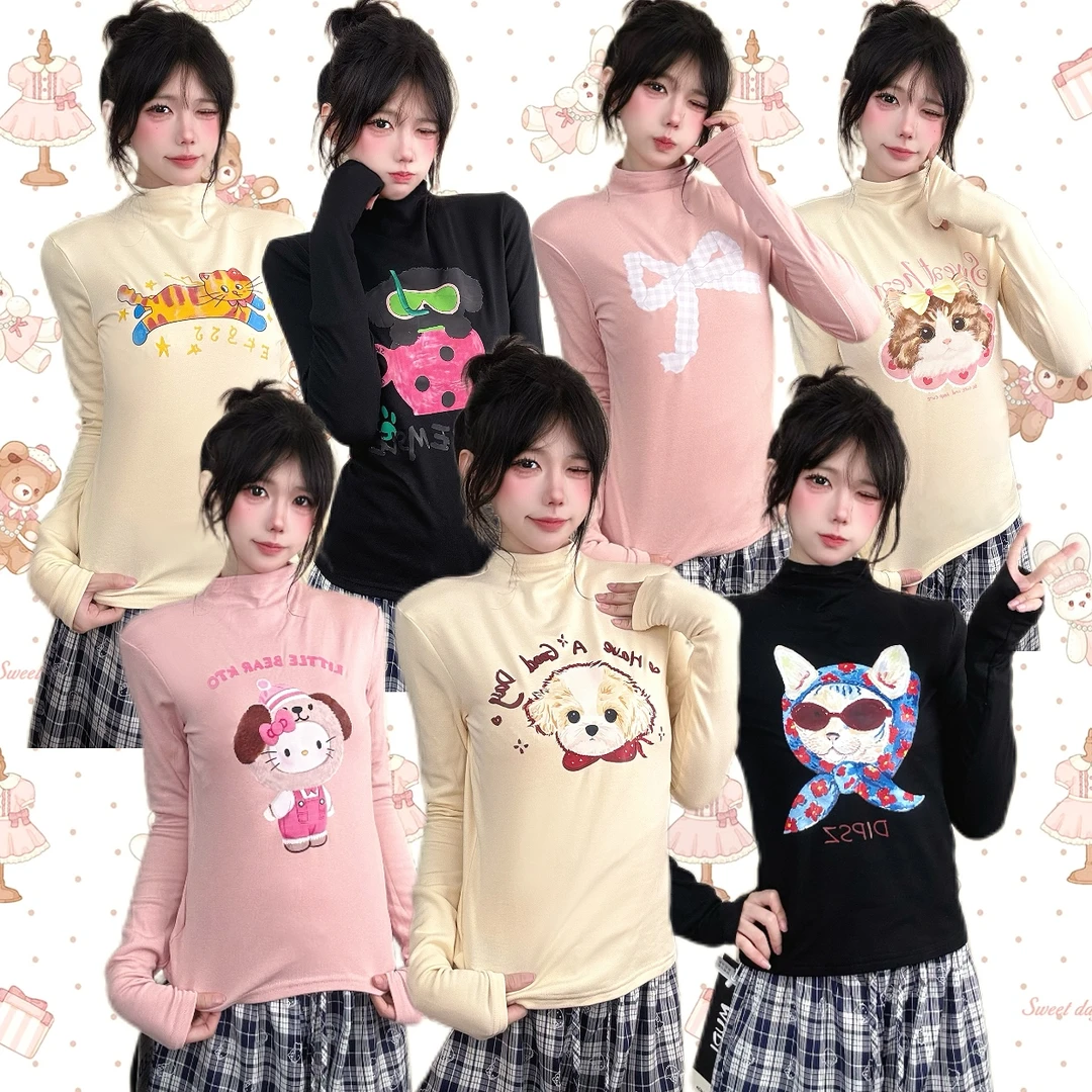 【瑜瑜私服】秋冬半高领正肩显瘦长袖T恤女通勤弹力棉T百搭上衣