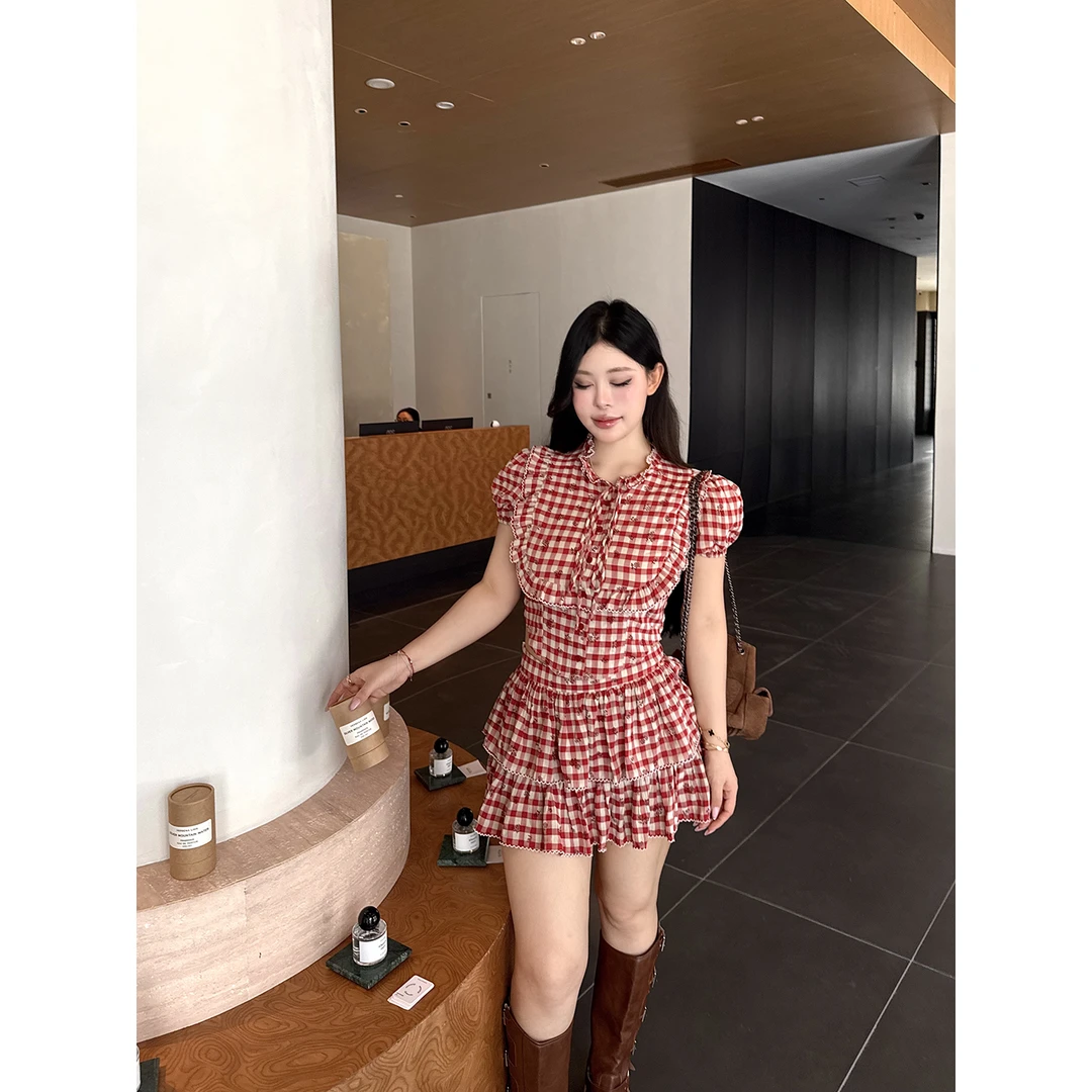 黑泽玄七《玛格丽特》夏秋显瘦约会红格洋偶少女感格子蛋糕半裙套装