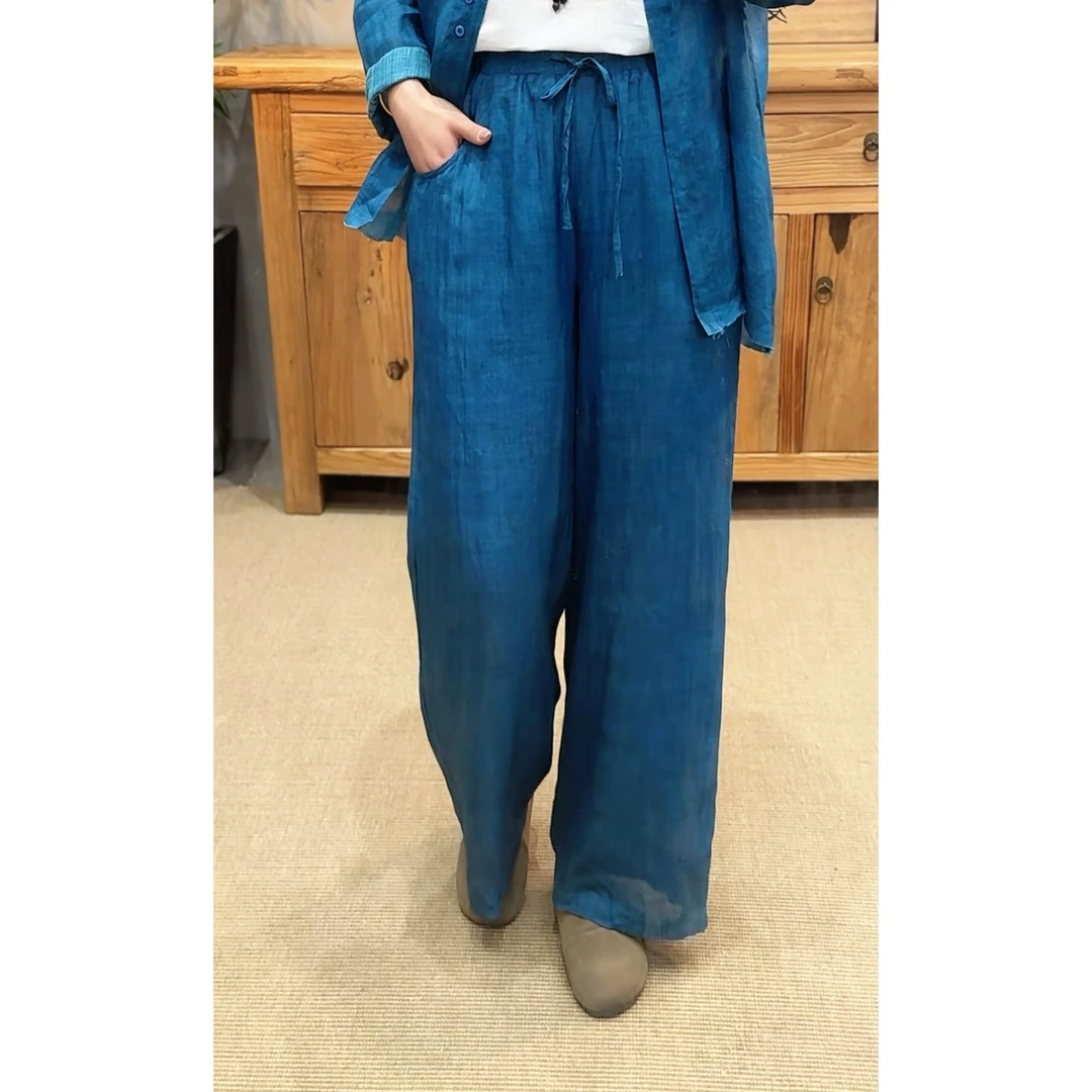 九月阿布原创100支纯苎麻阔腿裤大码文艺松紧腰系带休闲长裤6111