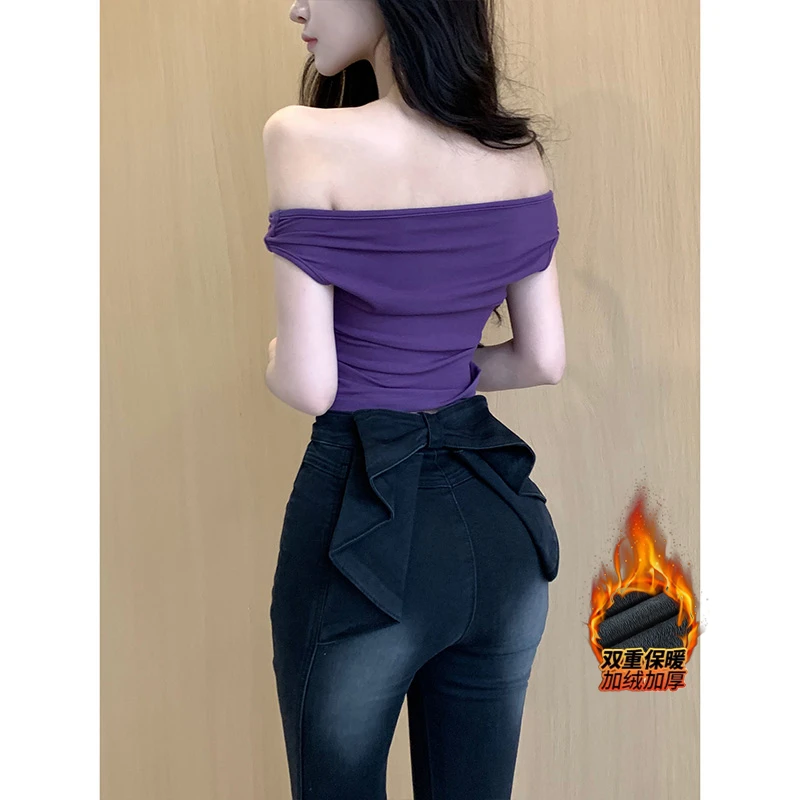 甜欲立体别致蝴蝶结牛仔裤女2025冬款加绒高腰修身显瘦美臀喇叭裤