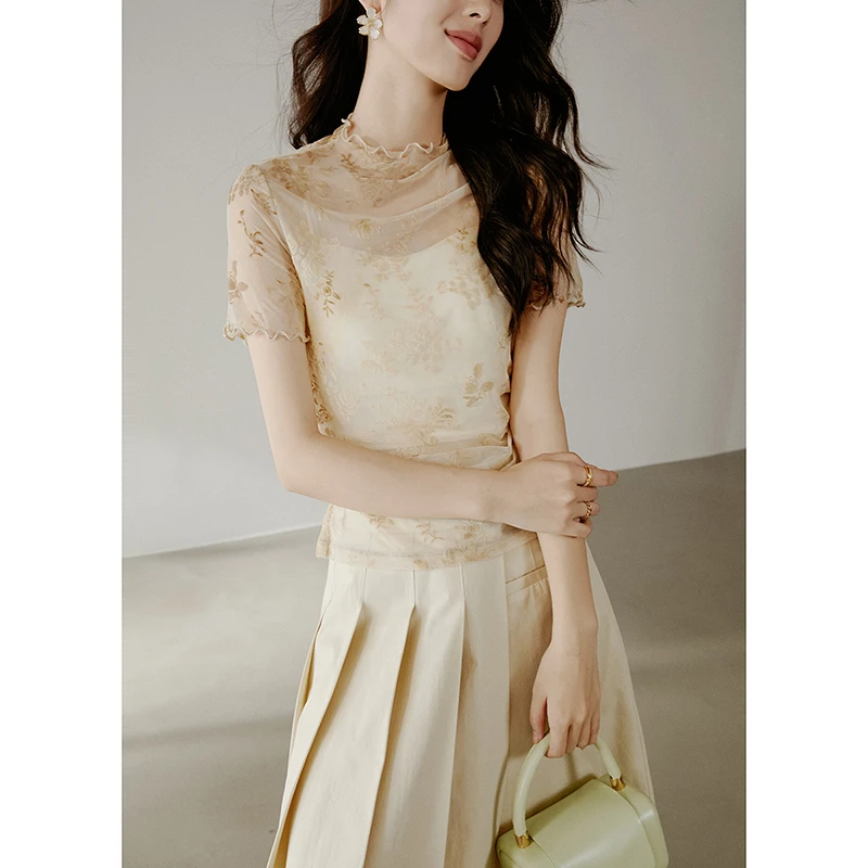 2025夏短袖蕾丝气质小个子夏季复古法式印花清凉T恤衫女24122005