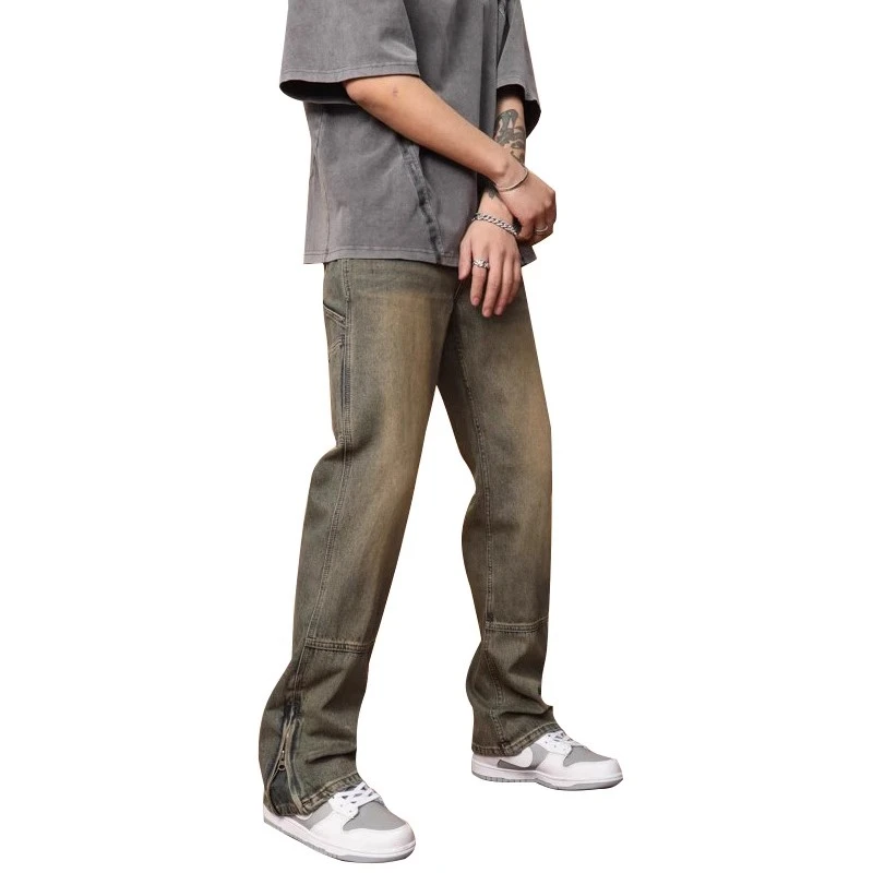 KGK2023设计感拉链牛仔裤男款美式街头复古宽松直筒微喇拼接裤子