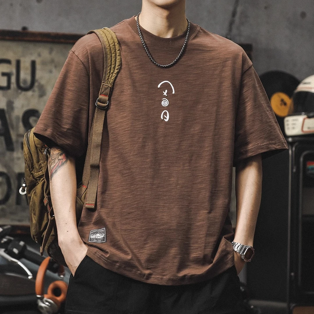 美式复古短袖男夏季重磅竹节棉t恤设计感百搭宽松体恤刺绣上衣潮T