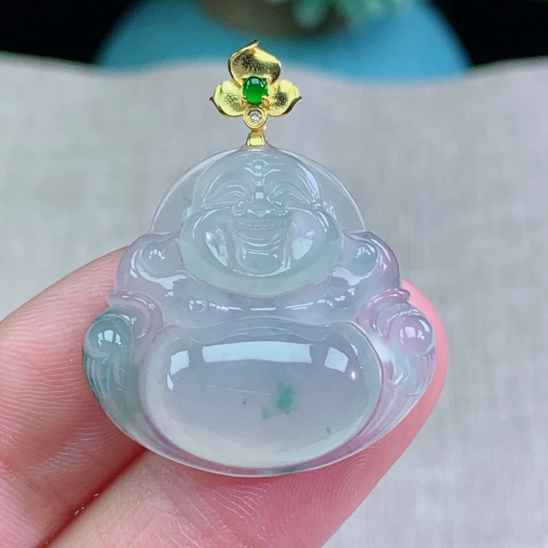 缅甸天然翡翠A货25.7-27.3-6.4玉石冰种飘花佛公吊坠礼物冰透仿古