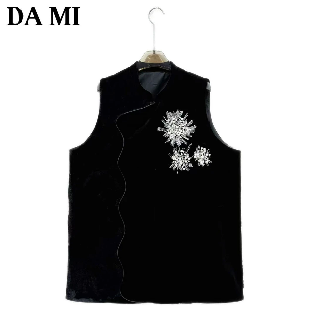 【大蜜】3694#秋季丝绒暗扣长款斜襟手工钉珠工艺宽松显瘦女装马甲