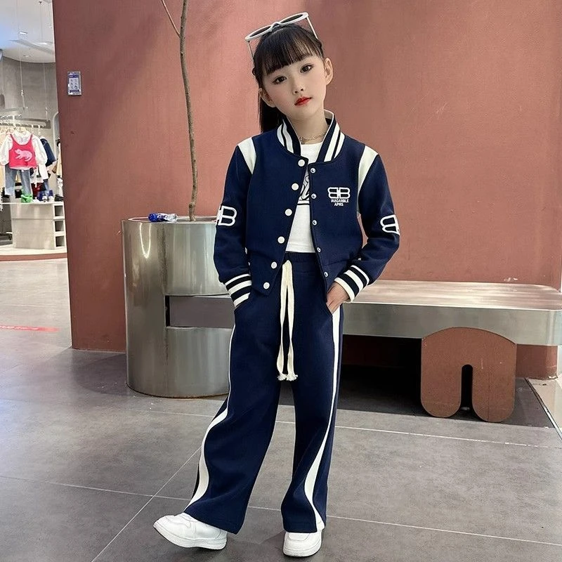 女童套装2025新款春秋装休闲韩范阔腿裤春季童装儿童棒球服两件套