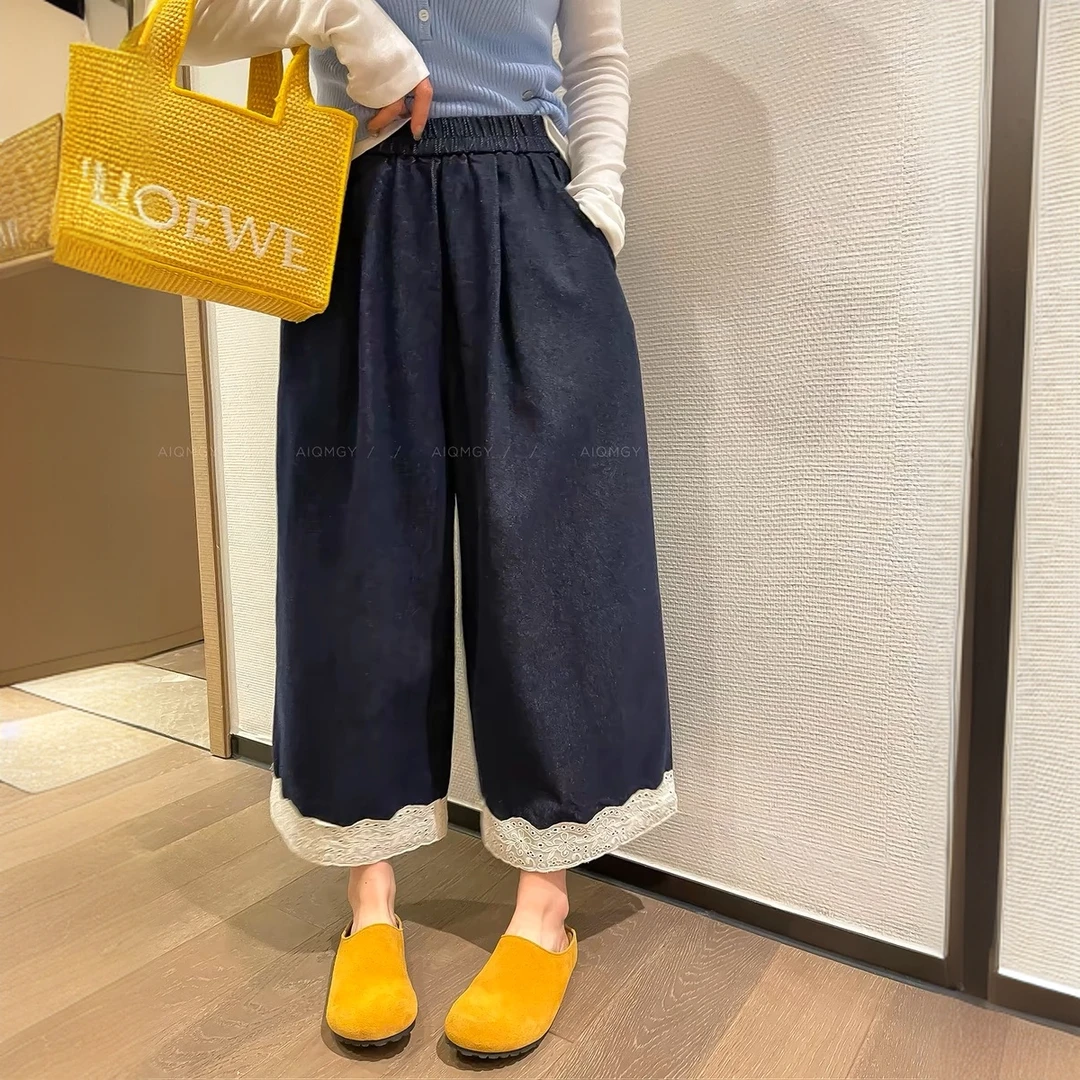 韩系纯色蕾丝拼接仿牛仔裤女夏季直筒休闲阔腿宽松弯刀九分裤
