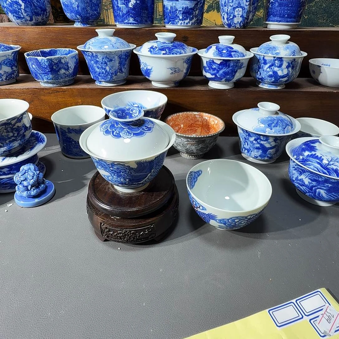 泥塑盖碗加主人杯手工手绘微瑕