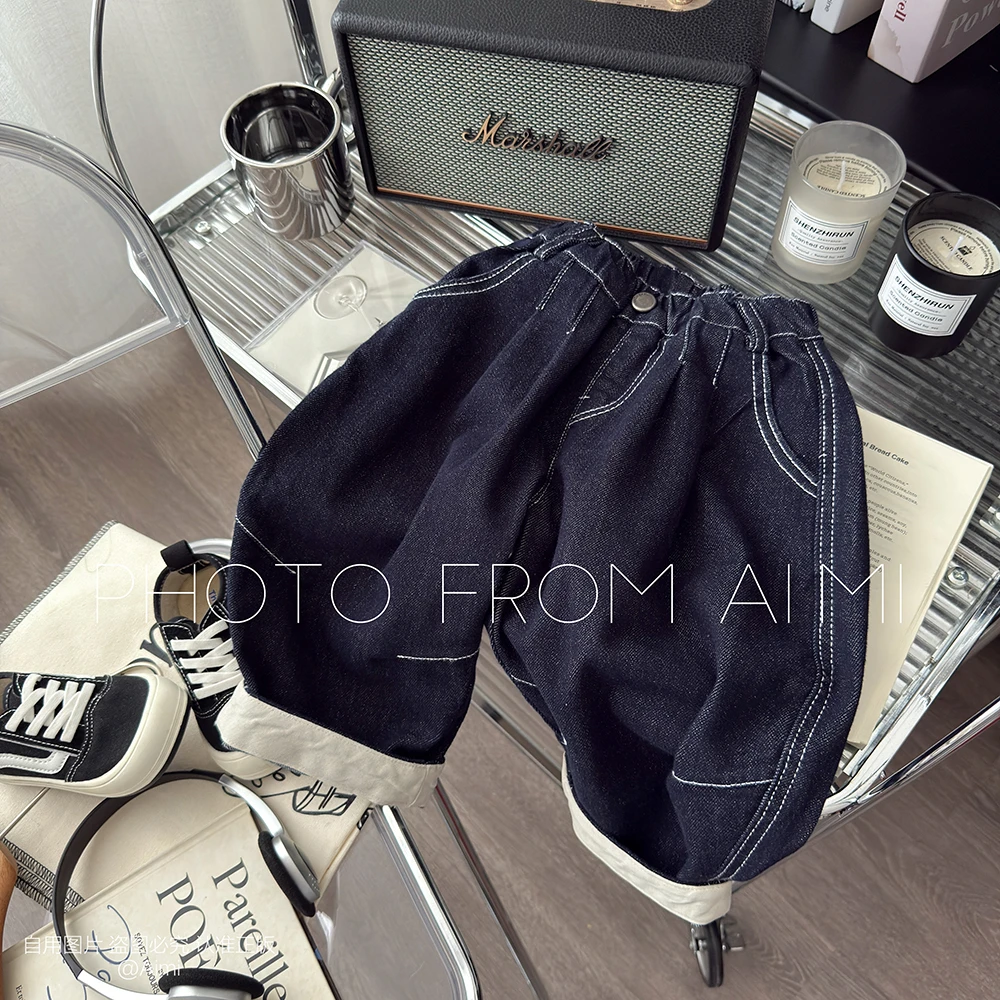 2025新款秋装男女儿童韩版时尚撞色明线设计休闲宽松水洗牛仔裤