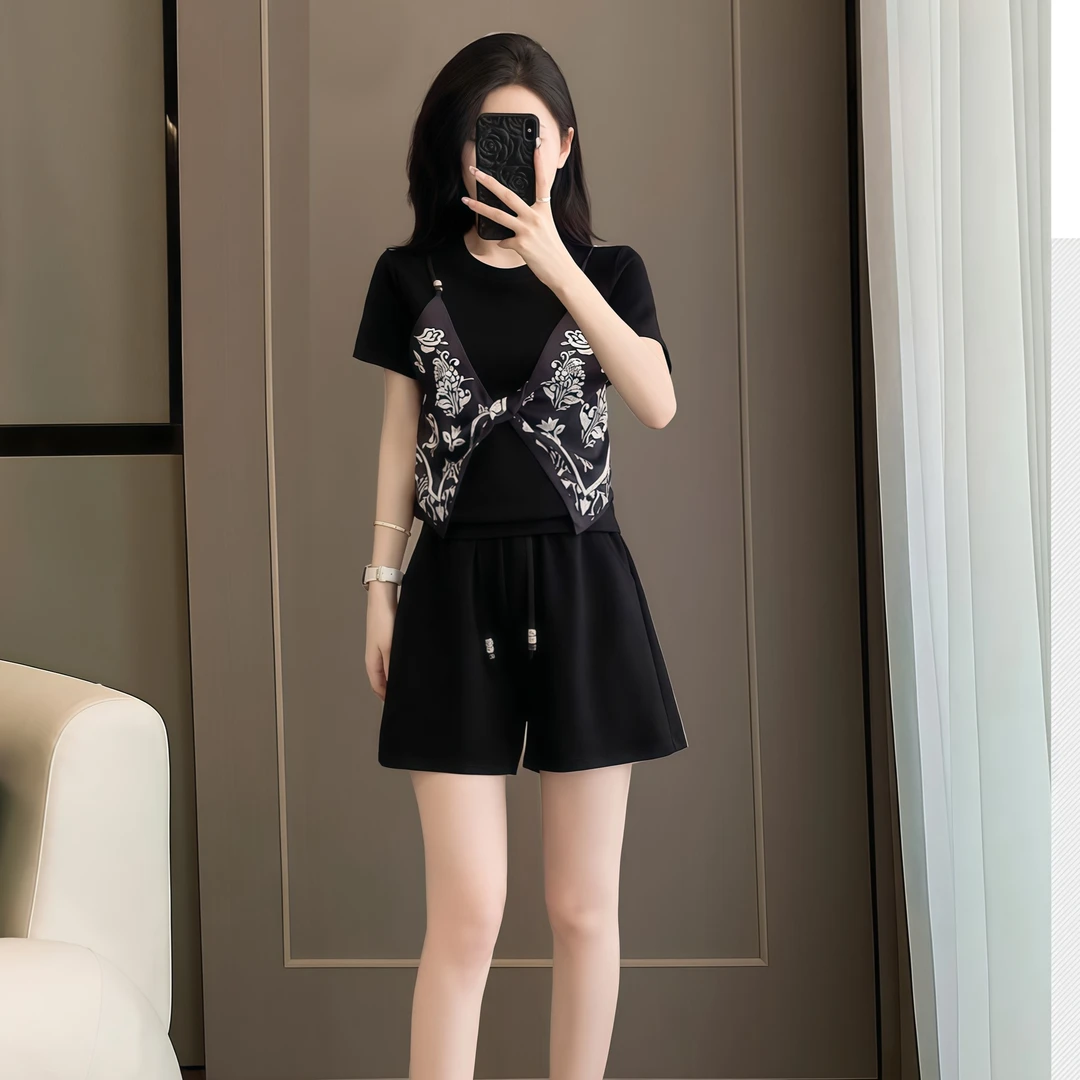 休闲穿搭一整套时尚套装女2025夏季新款假两件短袖短裤显瘦两件套