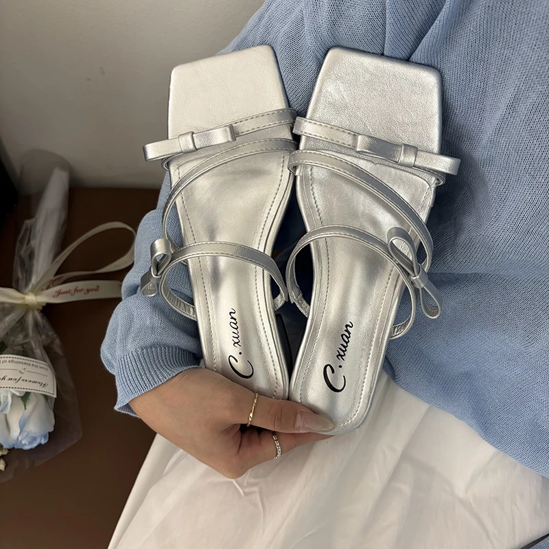 法式复古方头一字带蝴蝶结拖鞋女外穿2025新款露趾低跟凉拖鞋40码