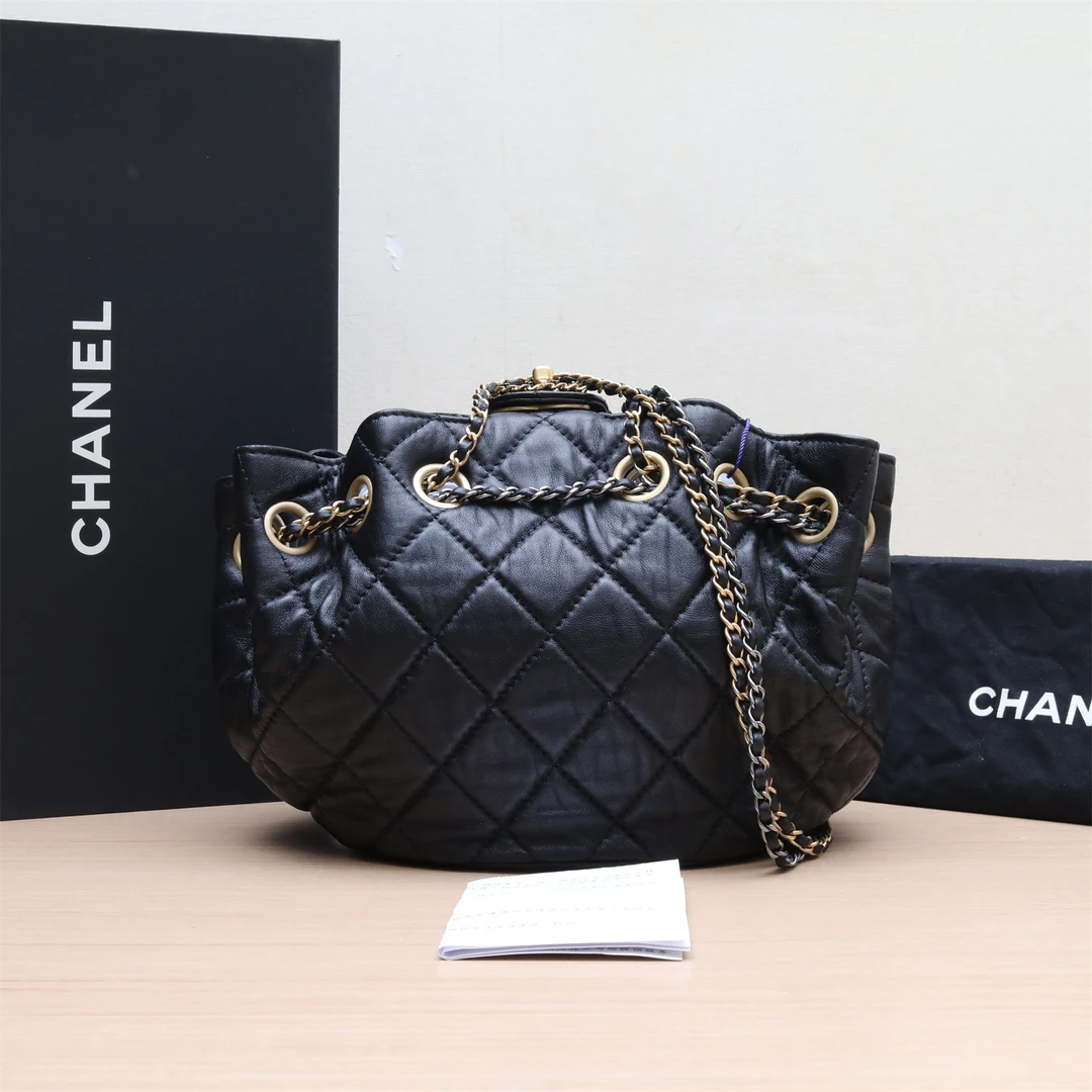 99新 Chanel/香奈儿 活动黑黑 烧卖 小元宝 水桶包 黑色 芯片开