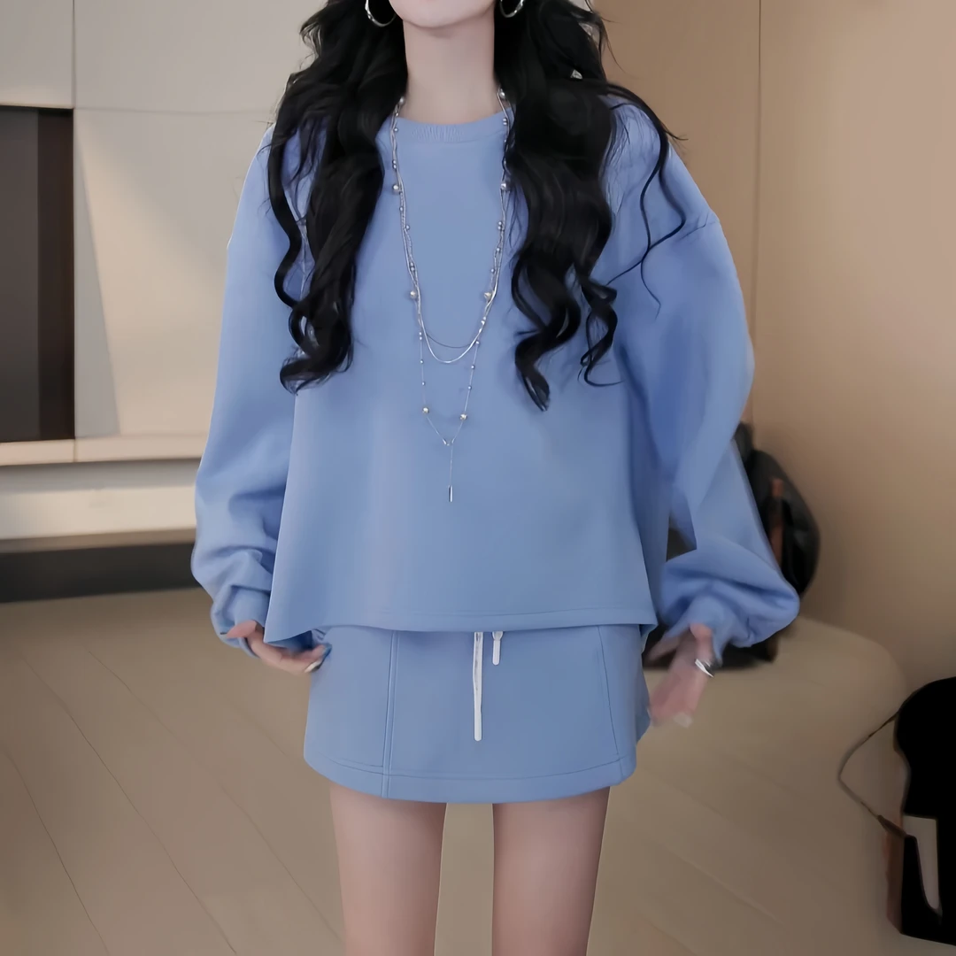 休闲运动风套装裙女秋季2025新款宽松长袖卫衣小个子短裙两件套潮