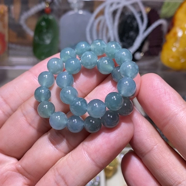 天然A货翡翠糯冰种蓝水带雪花棉时尚百搭单圈素款圆珠手串300