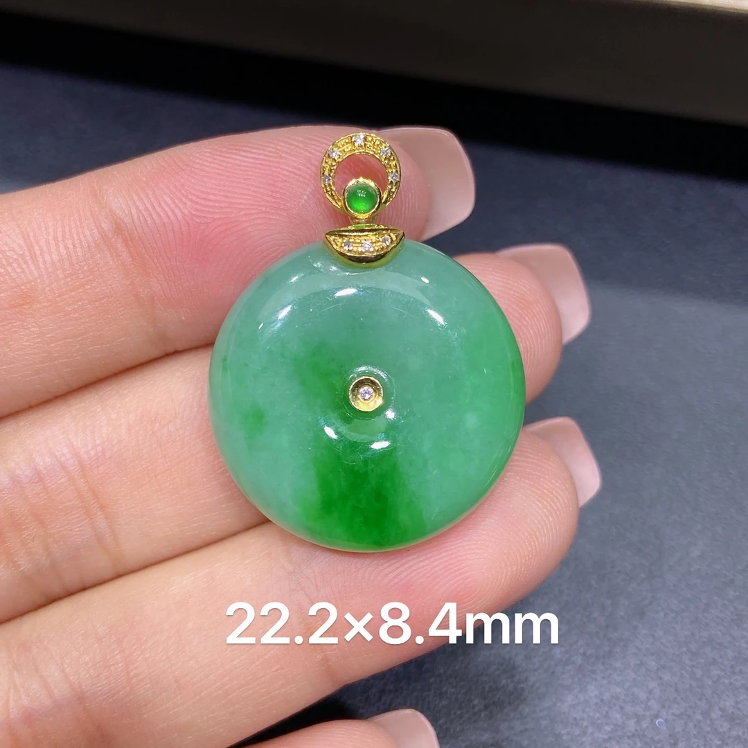 缅甸天然A货翡翠 老坑冰润18k飘阳绿厚装平安扣吊坠玉质细腻 k188