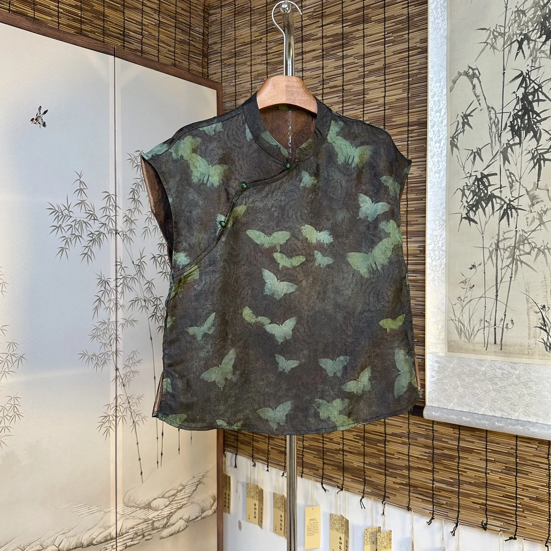 【绿蝴蝶1330】提花中国风上衣碎花常规款重磅无袖夏季蝴蝶斜襟百搭