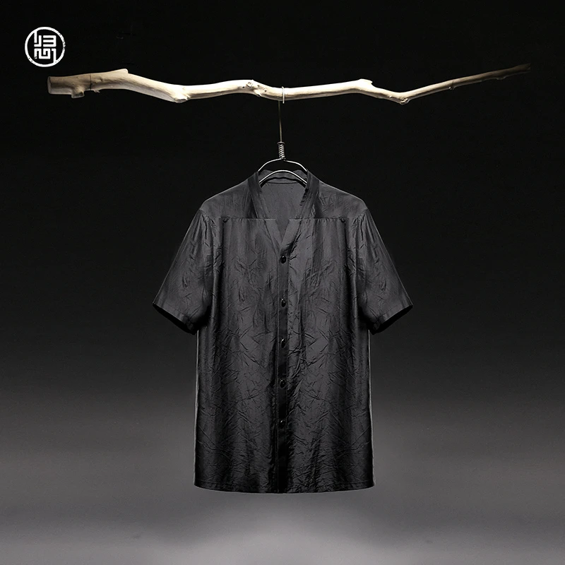 归心2025新款 夏季男士 100%桑蚕丝 真丝塔夫绸 汉服领 短袖衬衫
