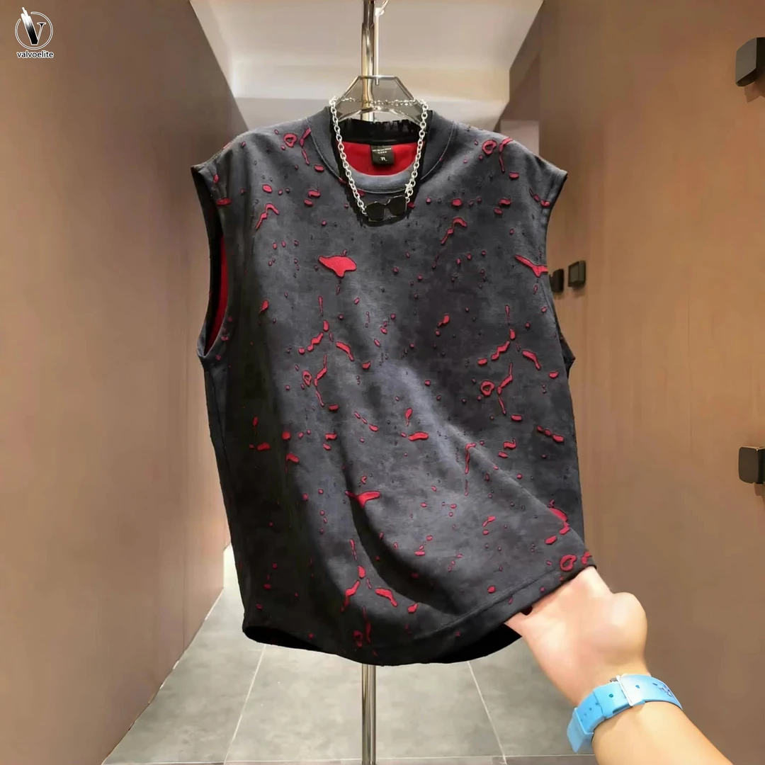 VALVOELITE夏季新款烧花破洞设计圆领无袖背心男士时尚运动坎肩恤