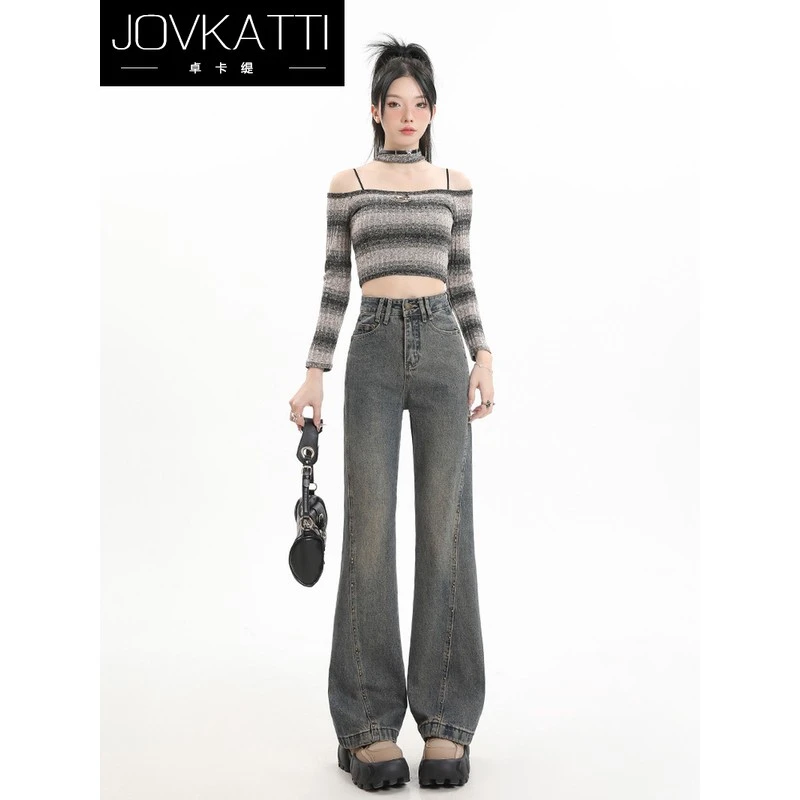 卓卡缇复古高腰显瘦微喇牛仔裤女2025夏季新款宽松设计感阔腿裤子