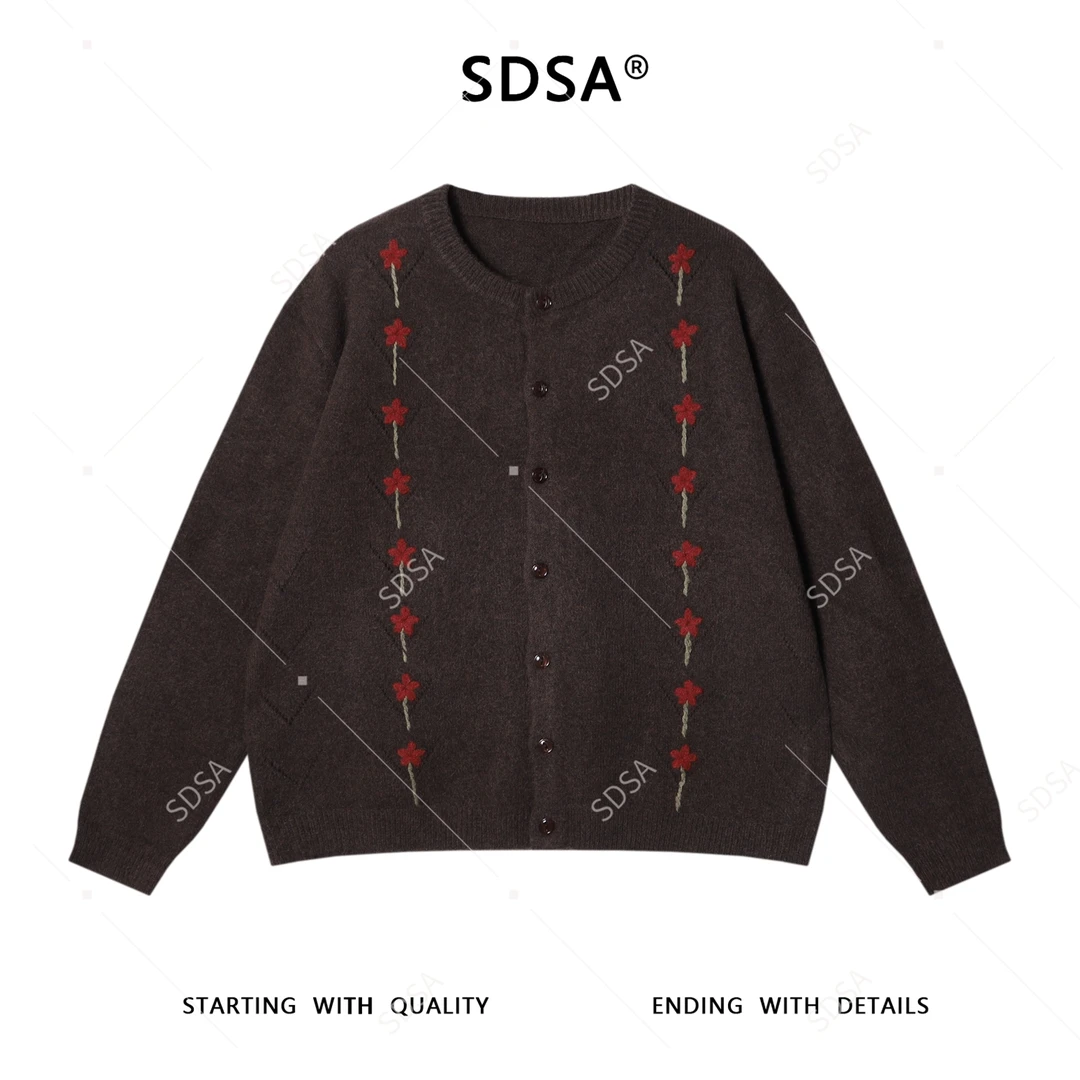 SDSA男士秋冬新款痞帅男装毛衣复古撞色花朵圆领针织衫纽扣开衫