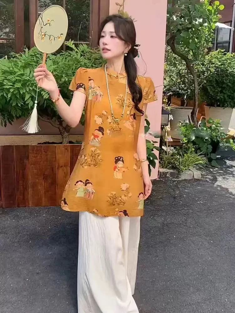 新中式国风大码短袖女2025夏季新款高级感宽松气质旗袍套装5671