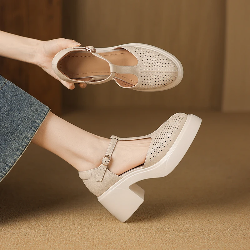 手工鞋/7cm高跟厚底包头凉鞋女夏松糕鞋复古真皮防水台洞洞鞋M821