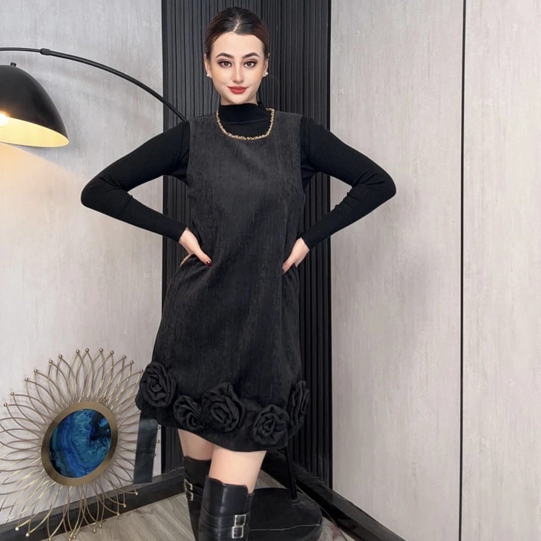 欧货24冬立体手工盘花背心连衣裙