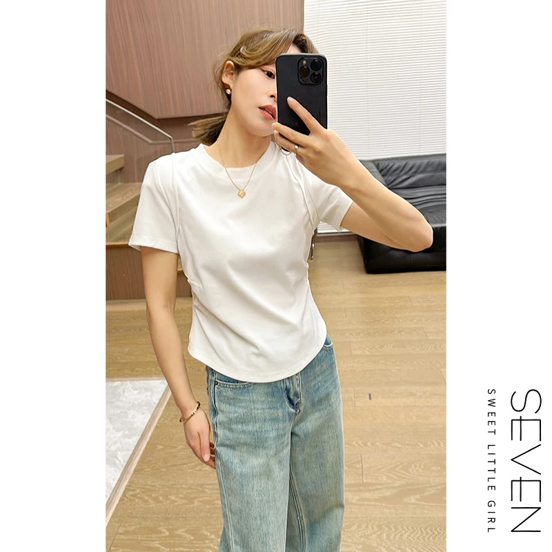 ③七七146小个子小众立体线正肩圆领短袖T恤女修身显瘦上衣小美说