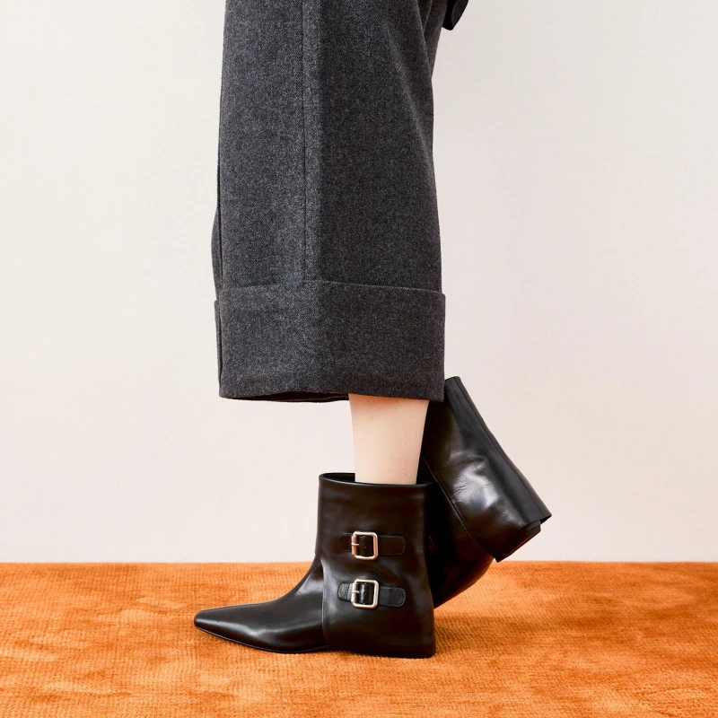 2025秋冬款法式简约方头低跟皮带扣舒适短筒百搭瘦瘦靴女G2637