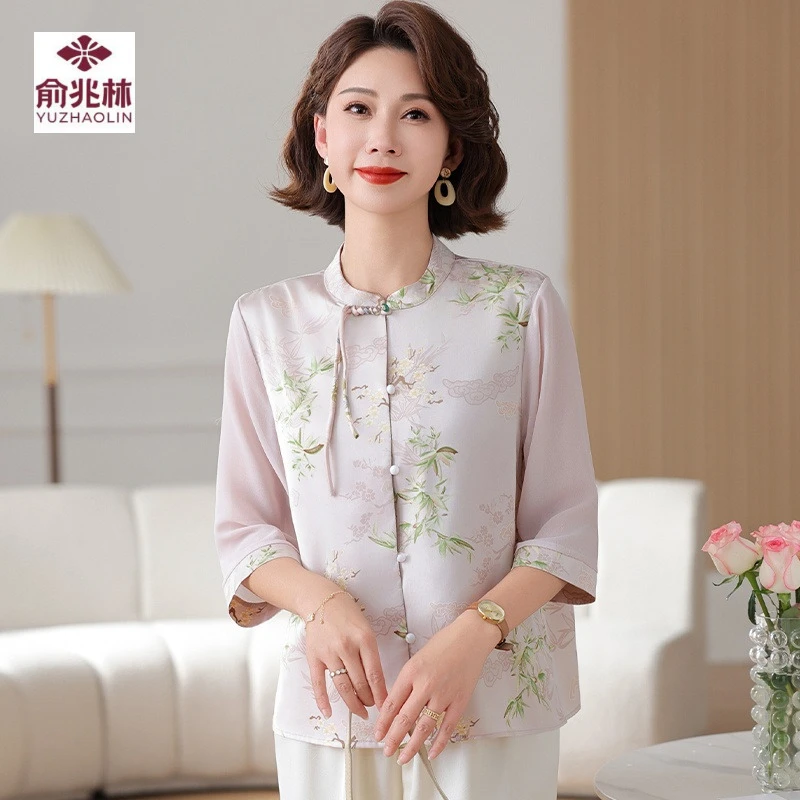 新中式妈妈夏装套装中年女装七分袖雪纺衬衫中老年女春夏国风小衫