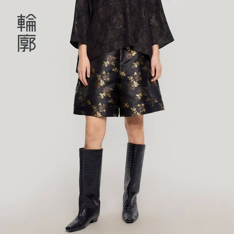 轮廓金叶子休闲短裤春夏国风中式复古宽松提花时尚直筒裤L251K006