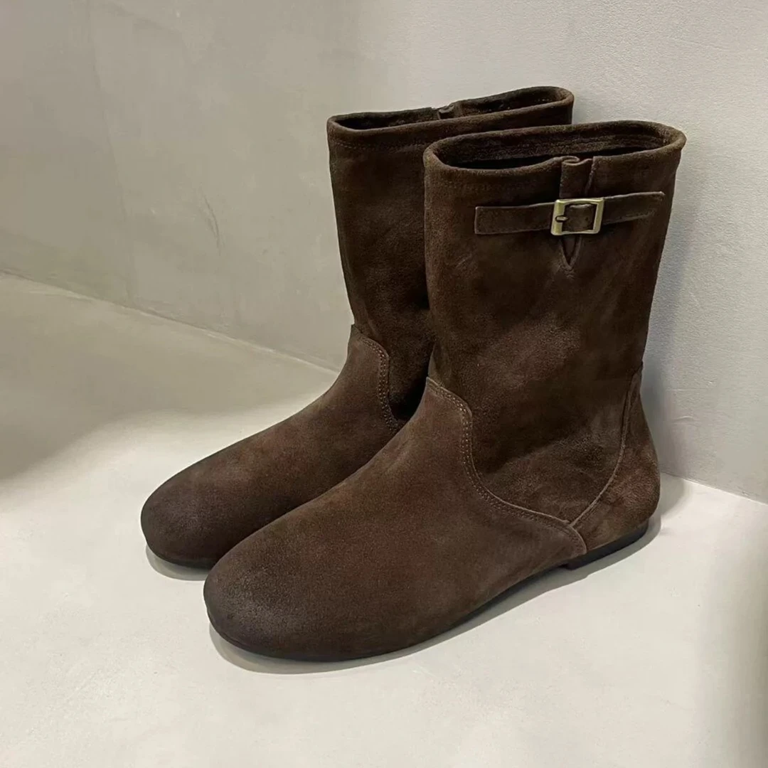 羊皮版~复古百搭内圆头西部牛仔靴女秋冬季瘦瘦靴短靴马丁靴