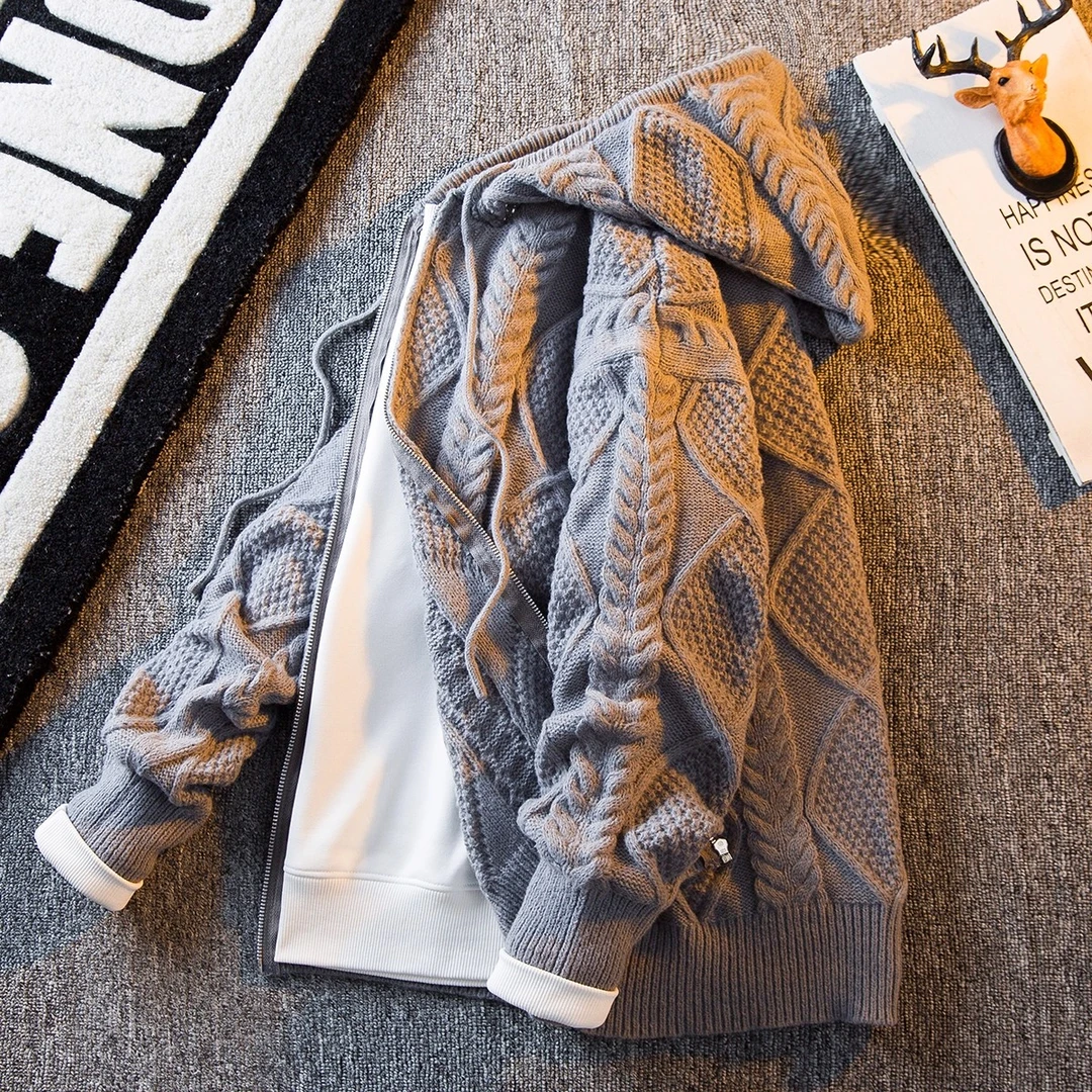 追属复古麻花开衫毛衣男冬季潮牌针织衫韩版潮流修身加厚针织外套