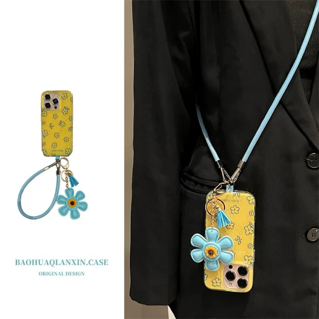 黄底线条花挂绳适用苹果16promax手机壳iPhone15promax防摔14pro