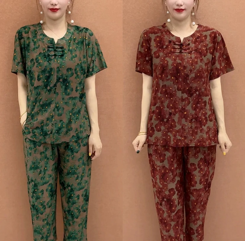高端复古套装短袖上衣加裤子妈妈时尚夏季潮款宽松大码印花两件套