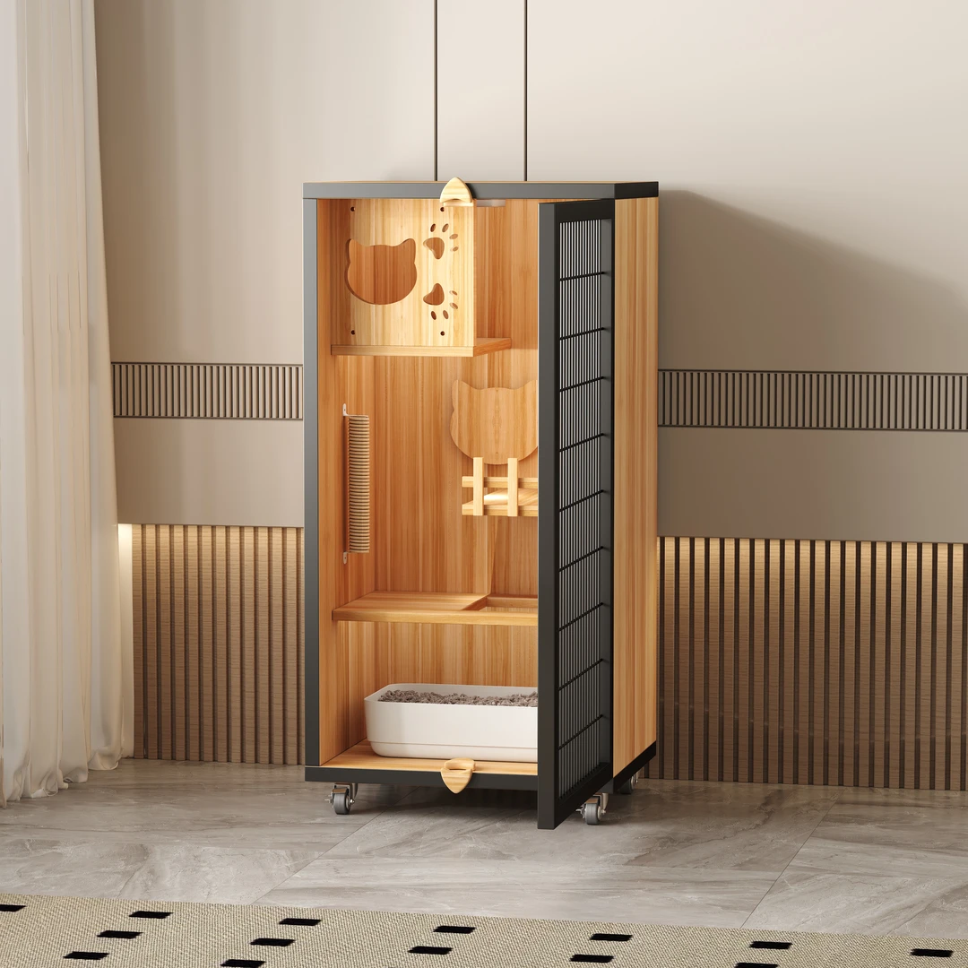 家用猫别墅猫笼子木质玻璃门豪华带厕所一体猫窝小型木质猫屋猫房