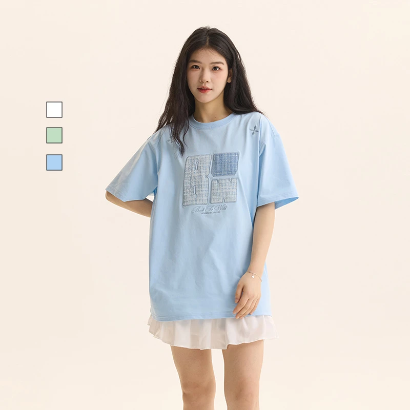 BTW贴布绣花美式复古短袖t恤男夏2025新款潮牌情侣宽松休闲上衣女