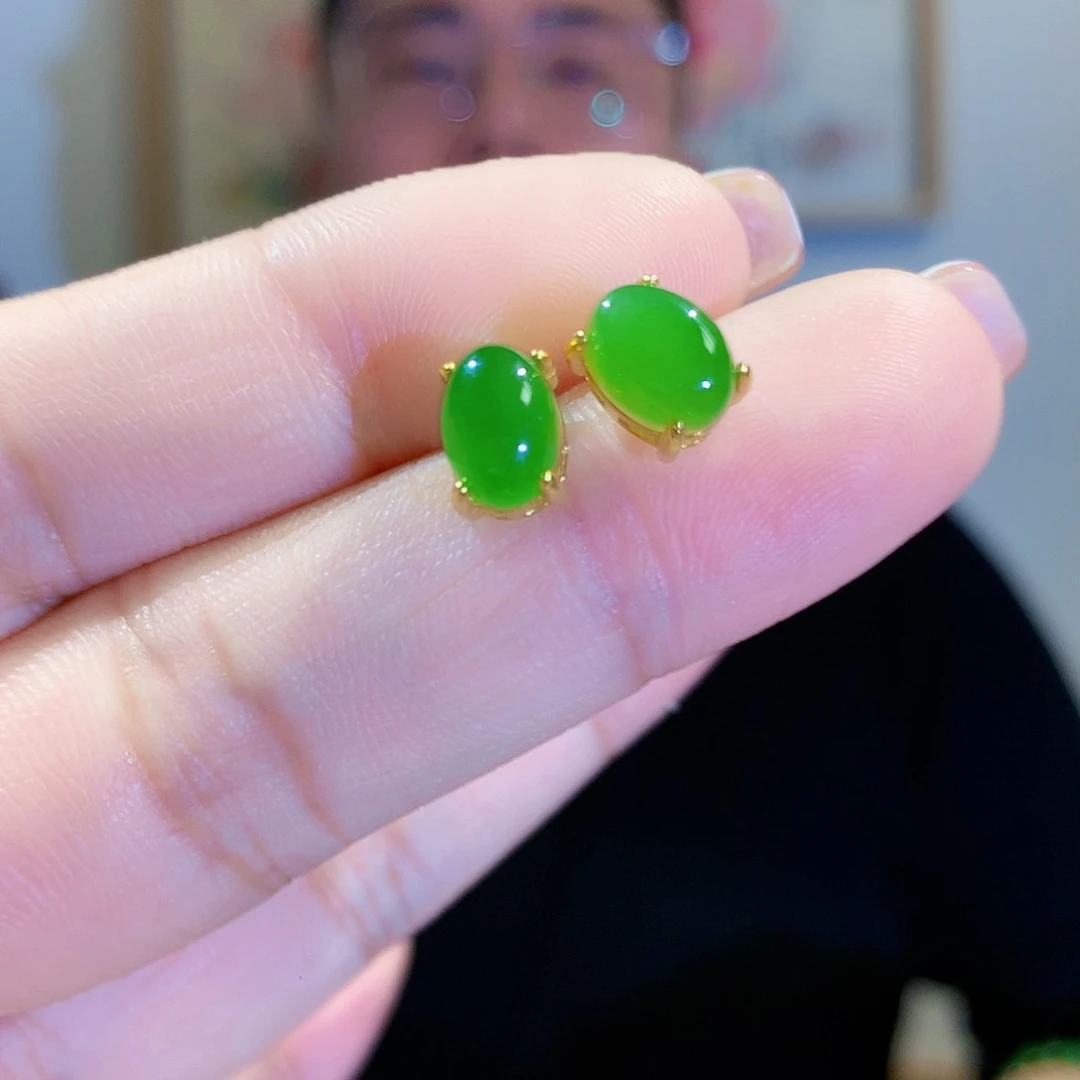 和田玉（碧玉）耳饰银S925镀金镶嵌