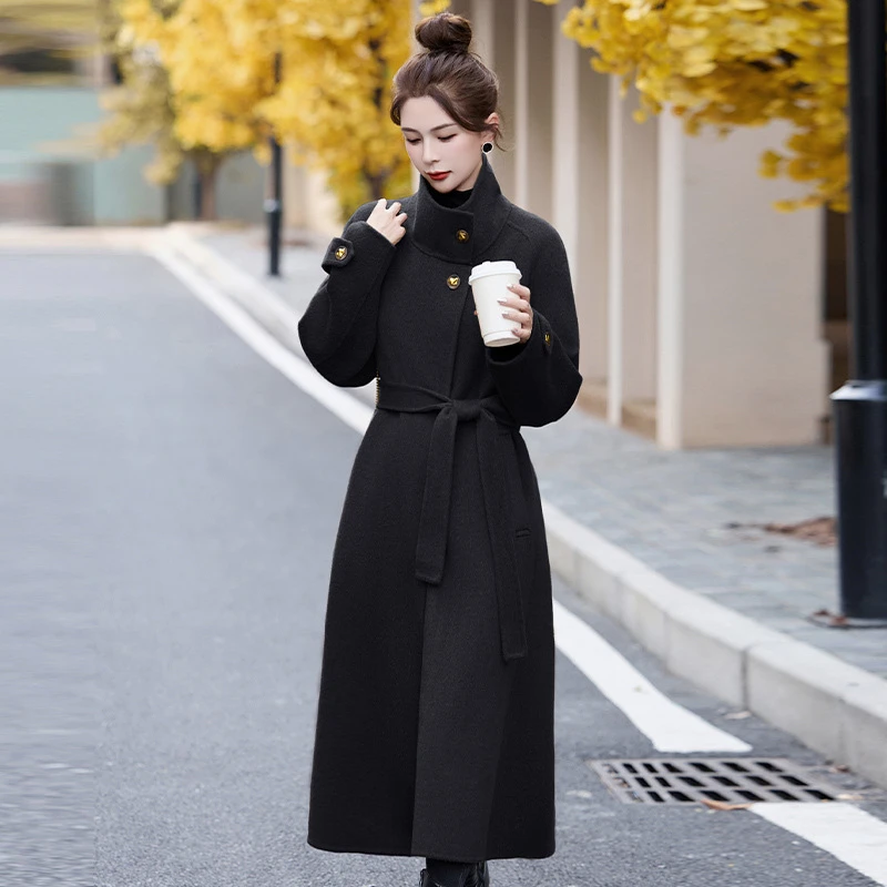 DUCURNO黑色立领毛呢外套女冬季2026新款时尚气质加厚保暖呢大衣