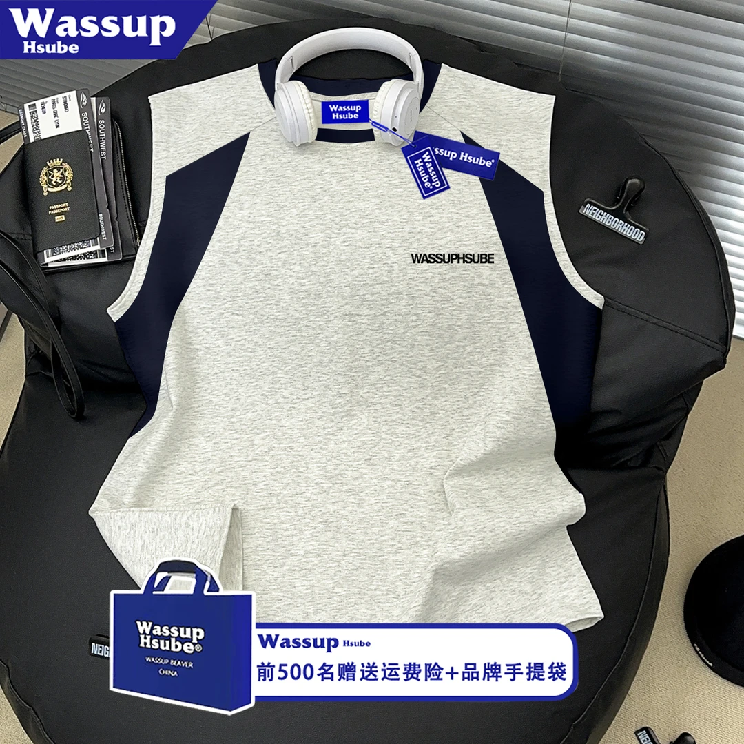 WASSUP HSUBE美式简约字母拼接坎肩背心男时尚运动纯棉无袖T恤女