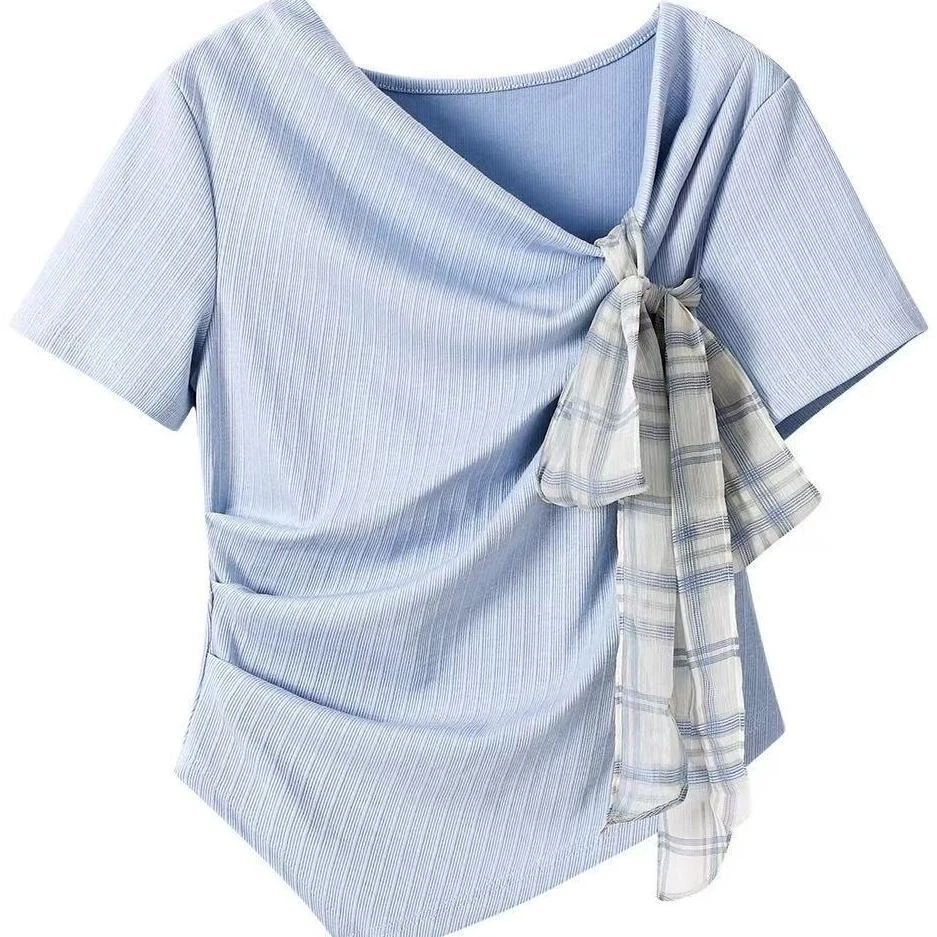 2025夏季新款甜美风蝴蝶结绑带不规则格纹设计感修身显瘦短短袖辉